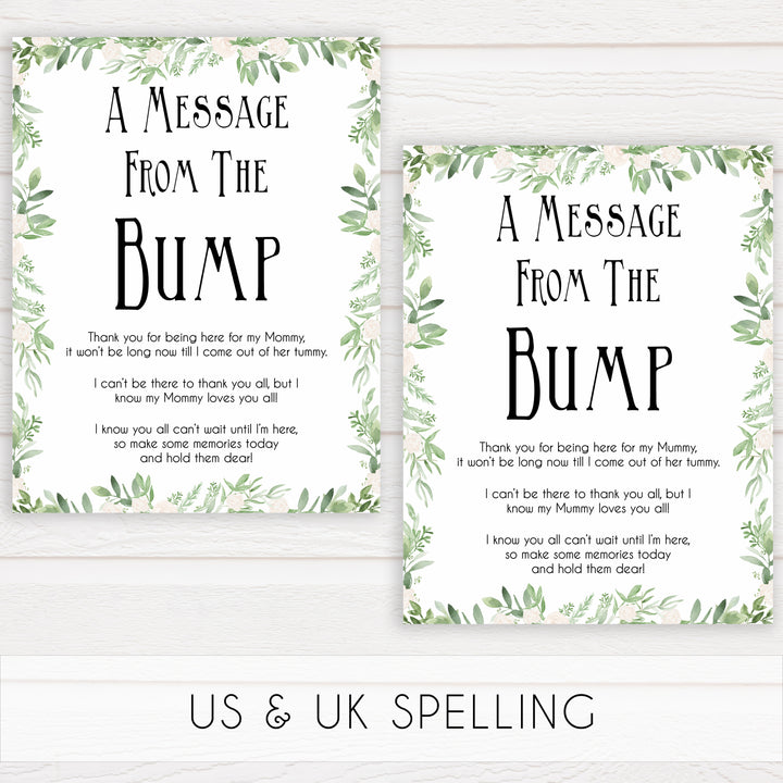 Greenery Message From Baby, Baby Shower Signs, Printable Baby Shower Signs, Baby Bump, Message From Bump, Floral Baby Signs, fun baby games, popular baby games