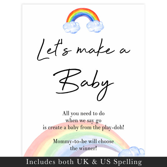 rainbow baby shower games, lets make a baby, make a baby game, printable baby games, fun baby shower ideas, top baby games