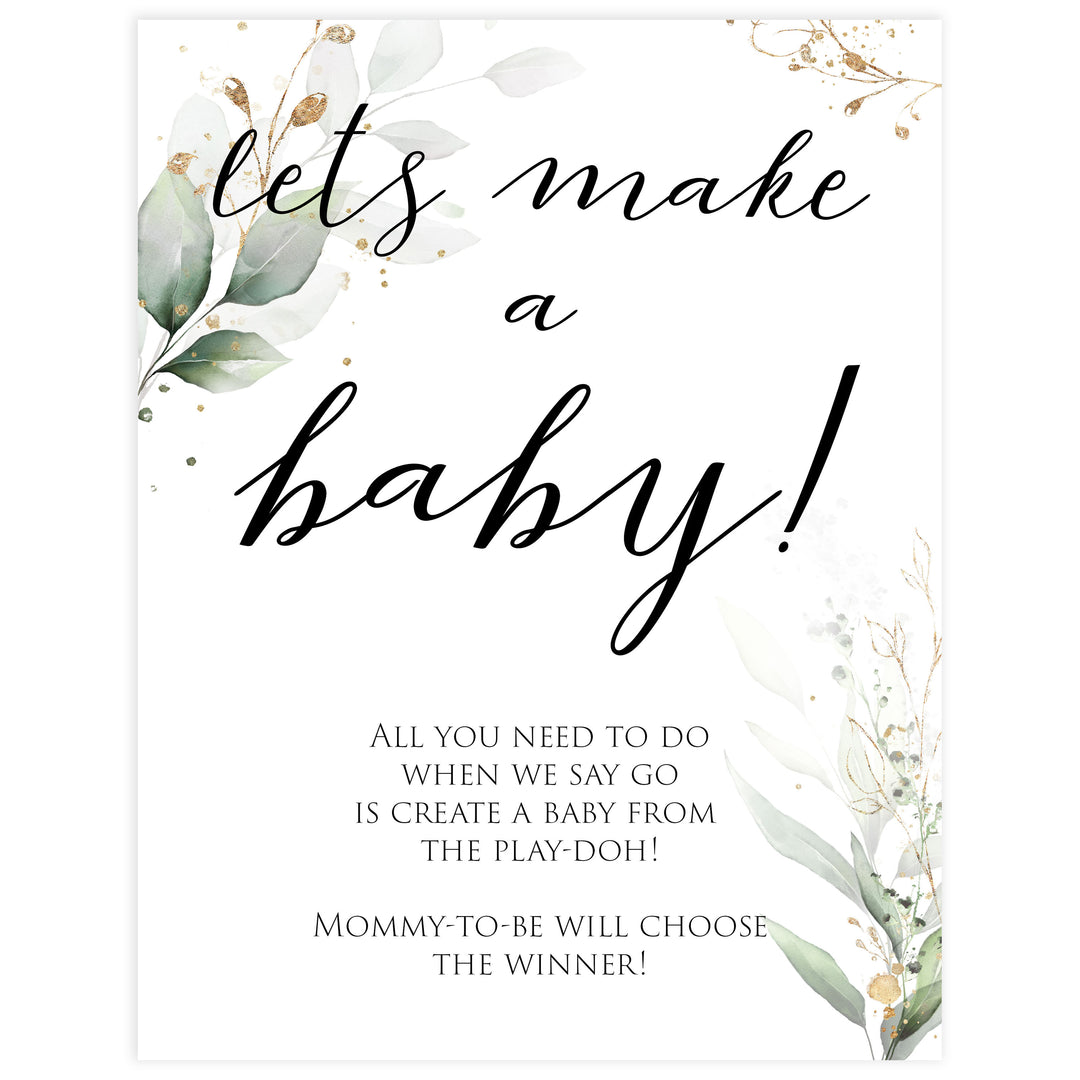 Gold green leaf baby games, lets make a baby, printable baby games, fun baby games, top baby games to play, gold leaf baby shower, greenery baby shower ideas