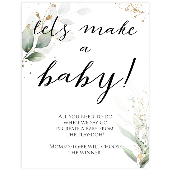 Gold green leaf baby games, lets make a baby, printable baby games, fun baby games, top baby games to play, gold leaf baby shower, greenery baby shower ideas
