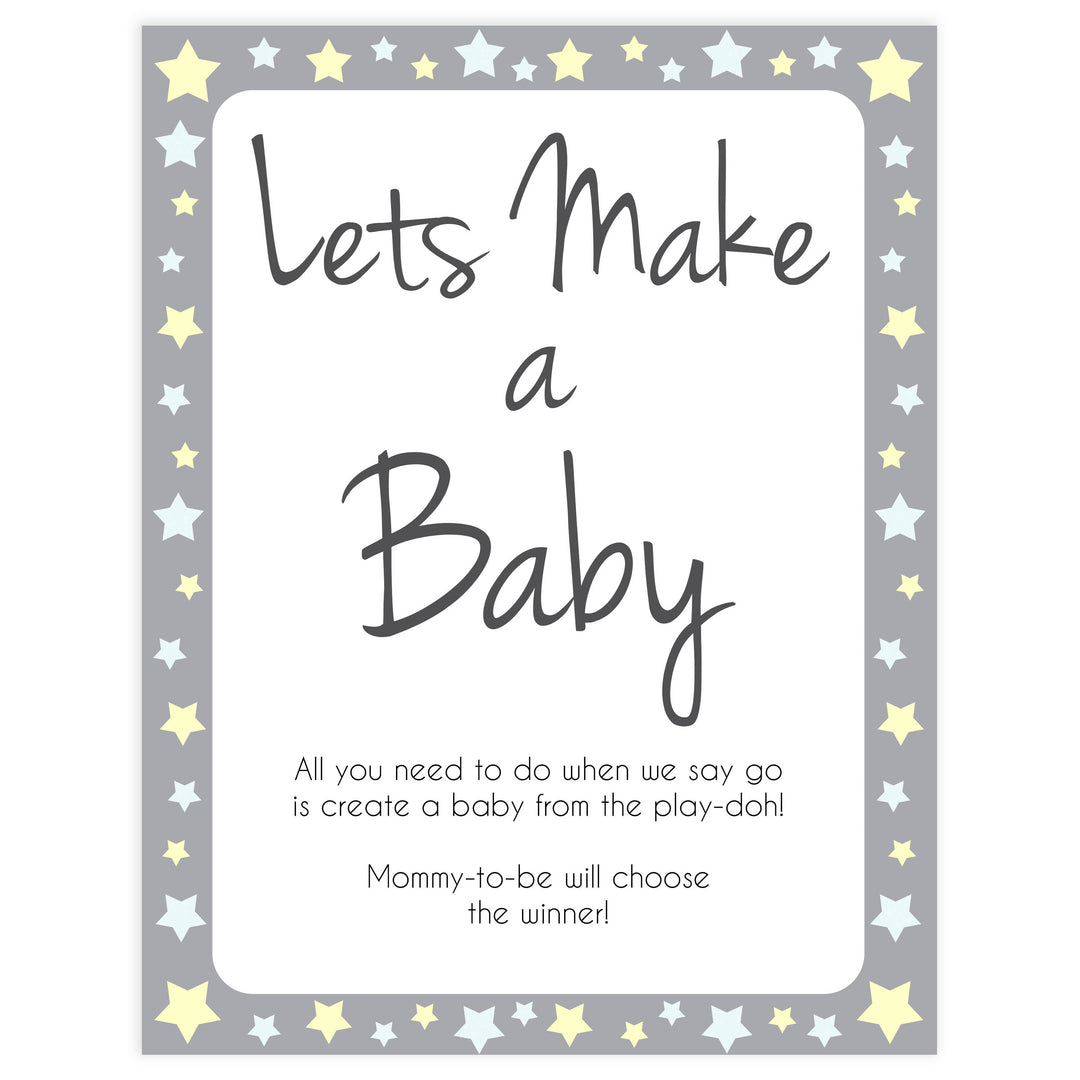 grey & yellow stars, lets make a baby, printable baby shower games, fun baby games, top baby shower games, star baby games, little star baby shower