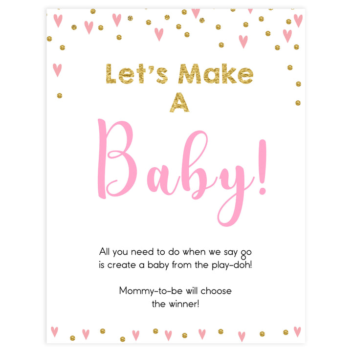 Lets make a baby game, baby play-doh game, Printable baby shower games, small pink hearts fun baby games, baby shower games, fun baby shower ideas, top baby shower ideas, gold baby shower, pink hearts baby shower ideas