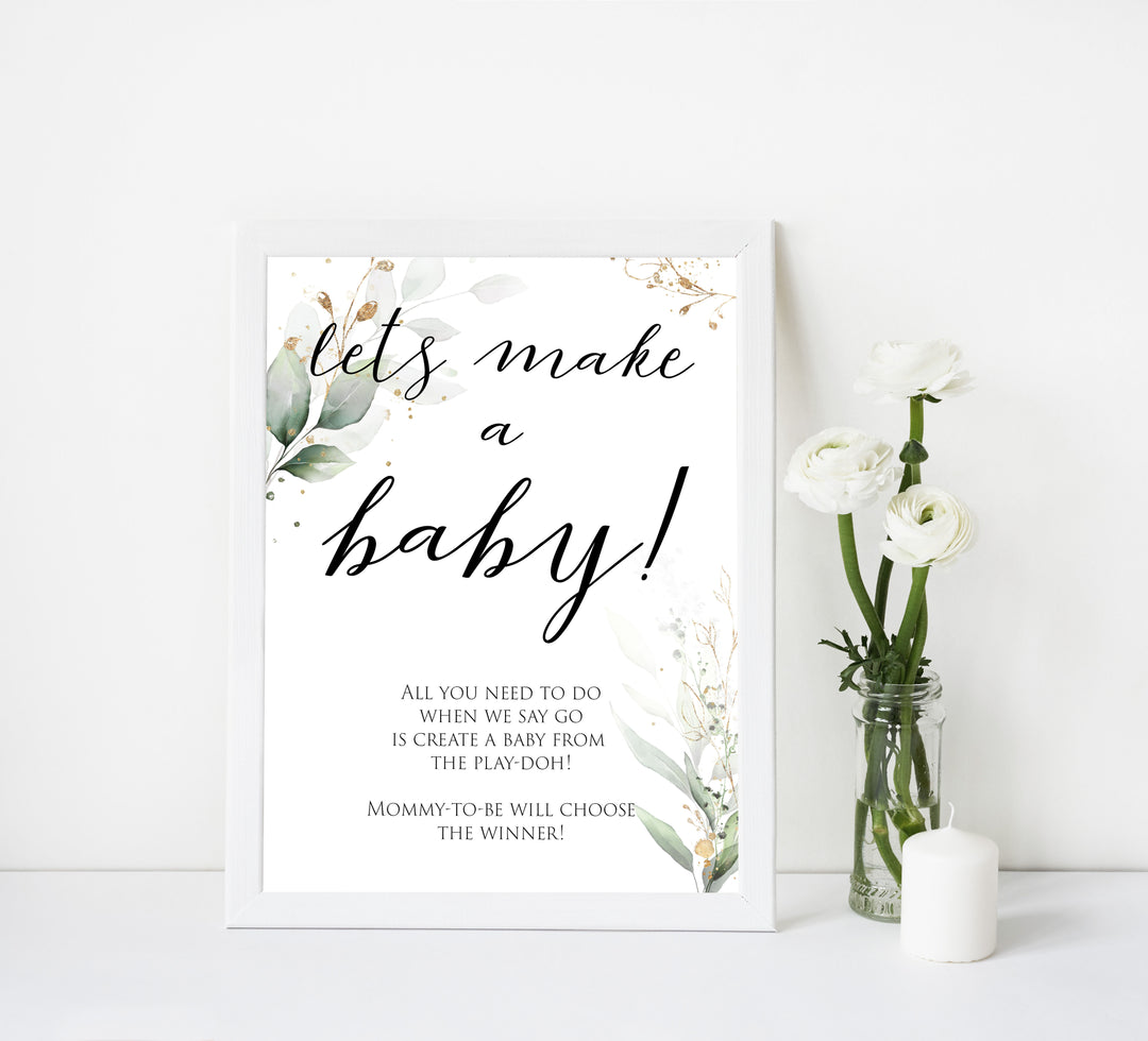 Gold green leaf baby games, lets make a baby, printable baby games, fun baby games, top baby games to play, gold leaf baby shower, greenery baby shower ideas