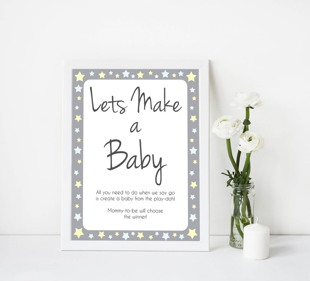 grey & yellow stars, lets make a baby, printable baby shower games, fun baby games, top baby shower games, star baby games, little star baby shower