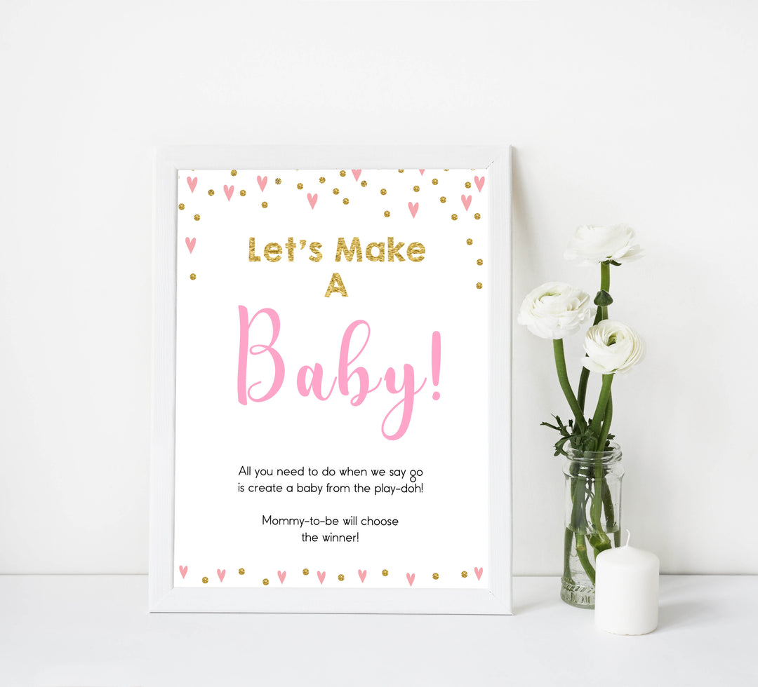 Lets make a baby game, baby play-doh game, Printable baby shower games, small pink hearts fun baby games, baby shower games, fun baby shower ideas, top baby shower ideas, gold baby shower, pink hearts baby shower ideas