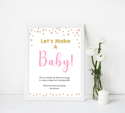 Lets make a baby game, baby play-doh game, Printable baby shower games, small pink hearts fun baby games, baby shower games, fun baby shower ideas, top baby shower ideas, gold baby shower, pink hearts baby shower ideas