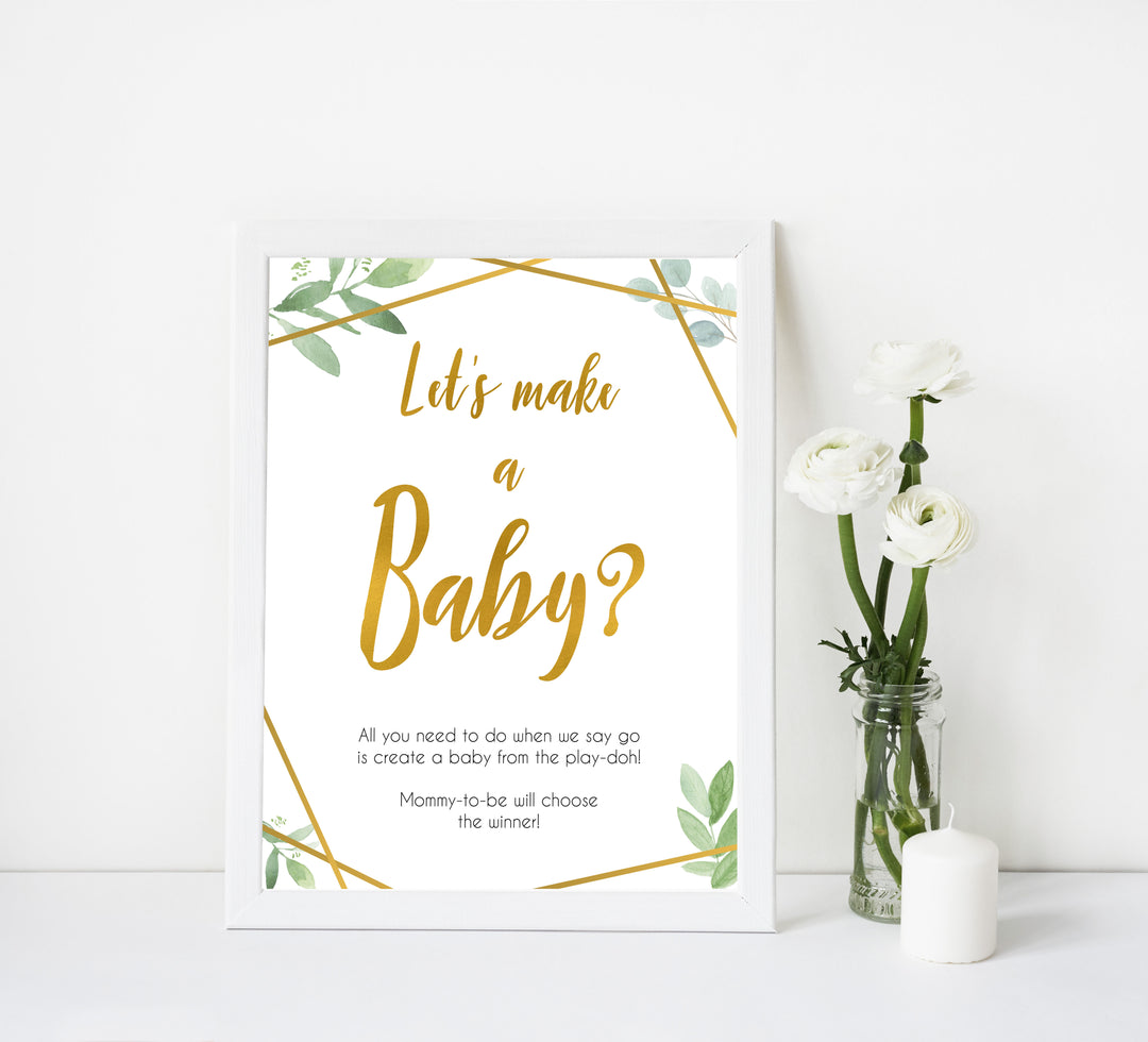 lets make a baby game, make a baby, Printable baby shower games, geometric fun baby games, baby shower games, fun baby shower ideas, top baby shower ideas, gold baby shower, blue baby shower ideas