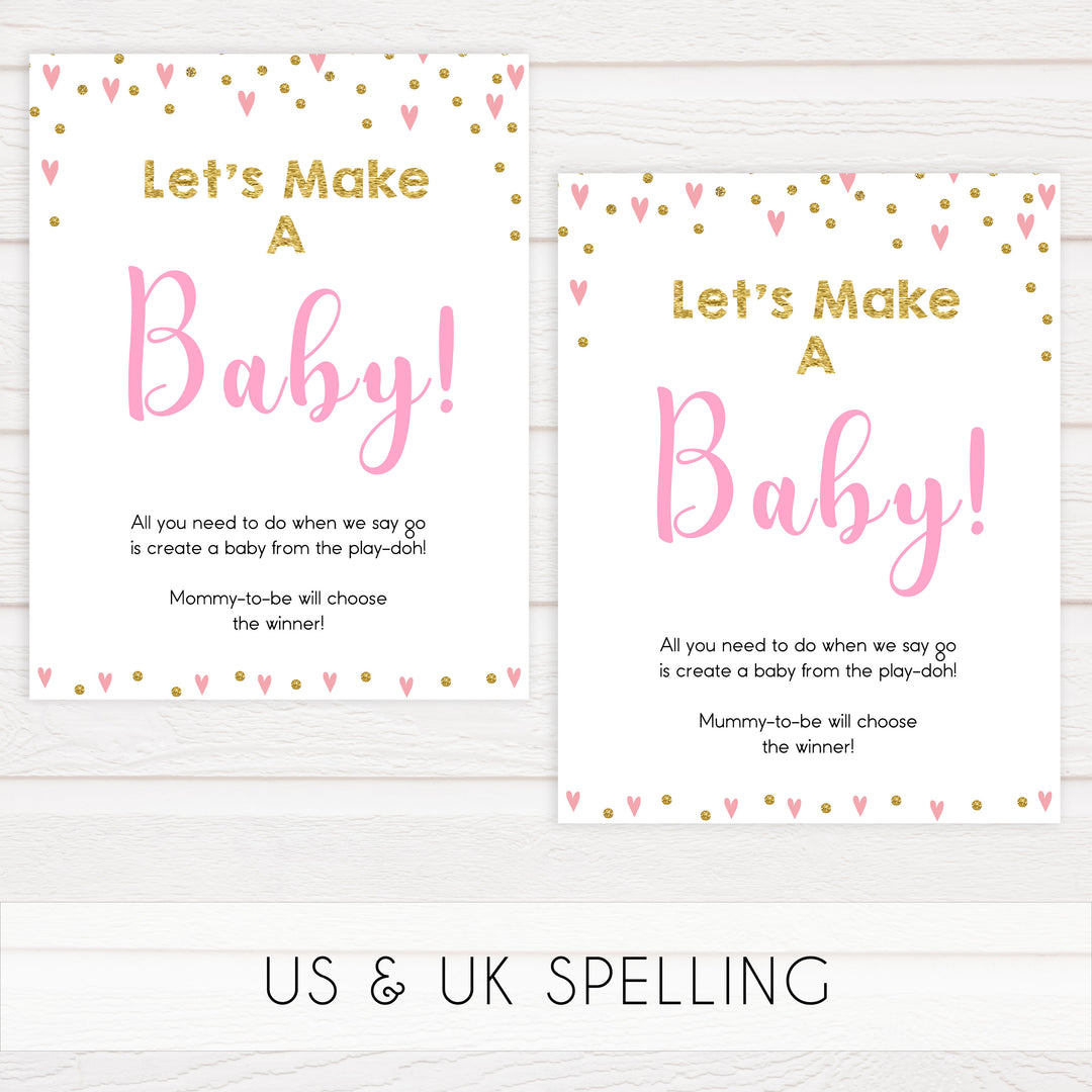 Lets make a baby game, baby play-doh game, Printable baby shower games, small pink hearts fun baby games, baby shower games, fun baby shower ideas, top baby shower ideas, gold baby shower, pink hearts baby shower ideas