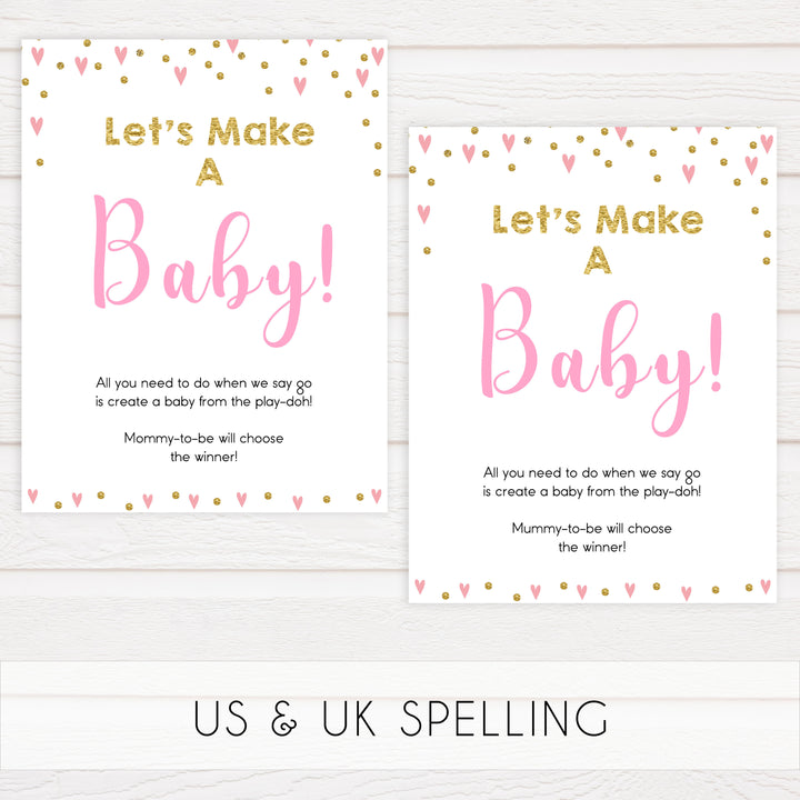 Lets make a baby game, baby play-doh game, Printable baby shower games, small pink hearts fun baby games, baby shower games, fun baby shower ideas, top baby shower ideas, gold baby shower, pink hearts baby shower ideas