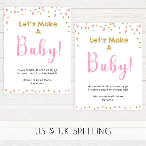 Lets make a baby game, baby play-doh game, Printable baby shower games, small pink hearts fun baby games, baby shower games, fun baby shower ideas, top baby shower ideas, gold baby shower, pink hearts baby shower ideas