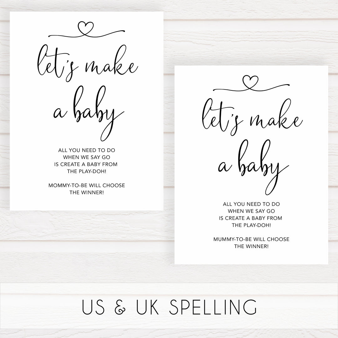 minimalist baby shower, lets make a baby, play-doh baby game, printable baby games, fun baby games, best baby games