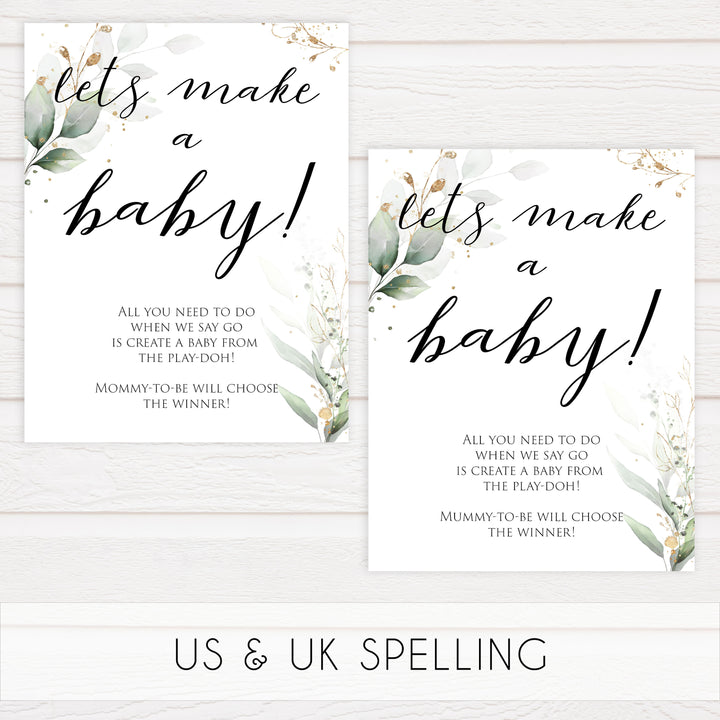 Gold green leaf baby games, lets make a baby, printable baby games, fun baby games, top baby games to play, gold leaf baby shower, greenery baby shower ideas