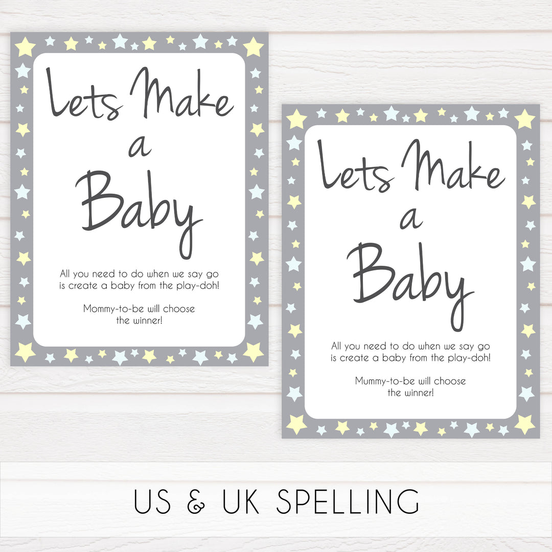 grey & yellow stars, lets make a baby, printable baby shower games, fun baby games, top baby shower games, star baby games, little star baby shower