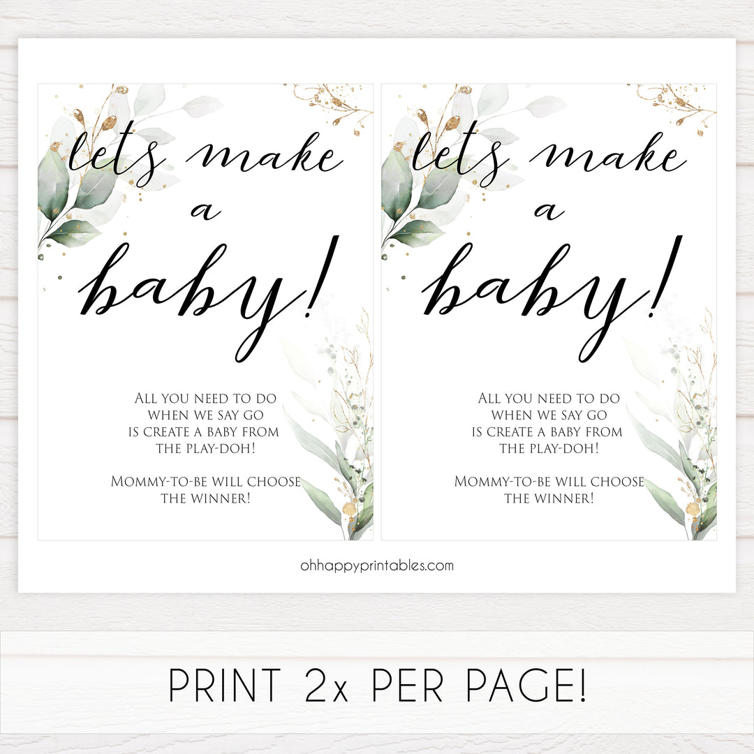 Gold green leaf baby games, lets make a baby, printable baby games, fun baby games, top baby games to play, gold leaf baby shower, greenery baby shower ideas