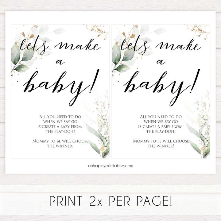 Gold green leaf baby games, lets make a baby, printable baby games, fun baby games, top baby games to play, gold leaf baby shower, greenery baby shower ideas