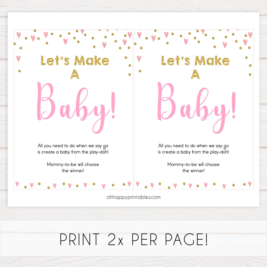 Lets make a baby game, baby play-doh game, Printable baby shower games, small pink hearts fun baby games, baby shower games, fun baby shower ideas, top baby shower ideas, gold baby shower, pink hearts baby shower ideas