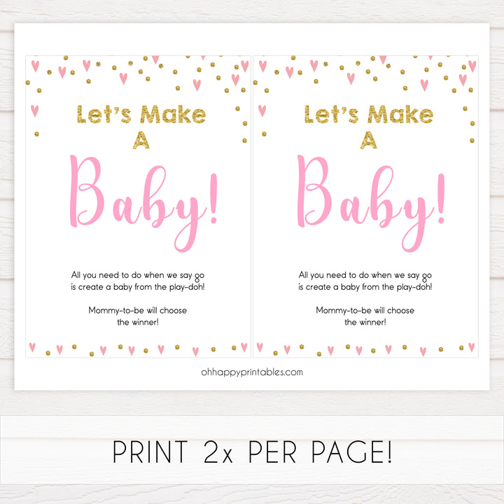 Lets make a baby game, baby play-doh game, Printable baby shower games, small pink hearts fun baby games, baby shower games, fun baby shower ideas, top baby shower ideas, gold baby shower, pink hearts baby shower ideas
