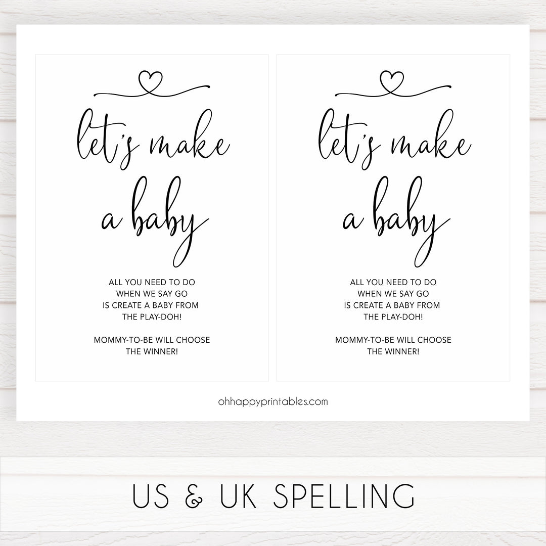 minimalist baby shower, lets make a baby, play-doh baby game, printable baby games, fun baby games, best baby games