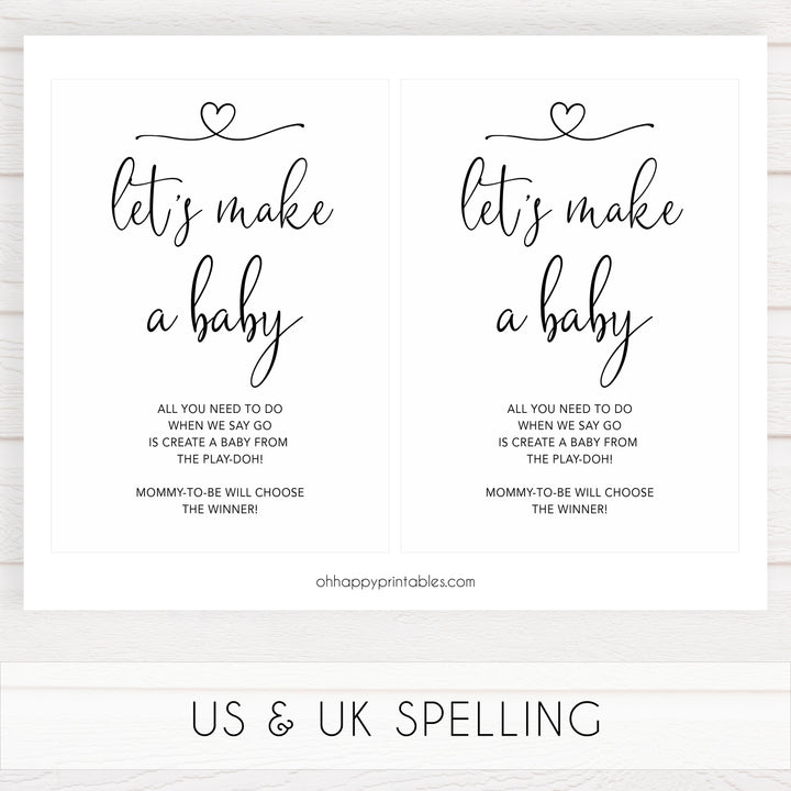 minimalist baby shower, lets make a baby, play-doh baby game, printable baby games, fun baby games, best baby games