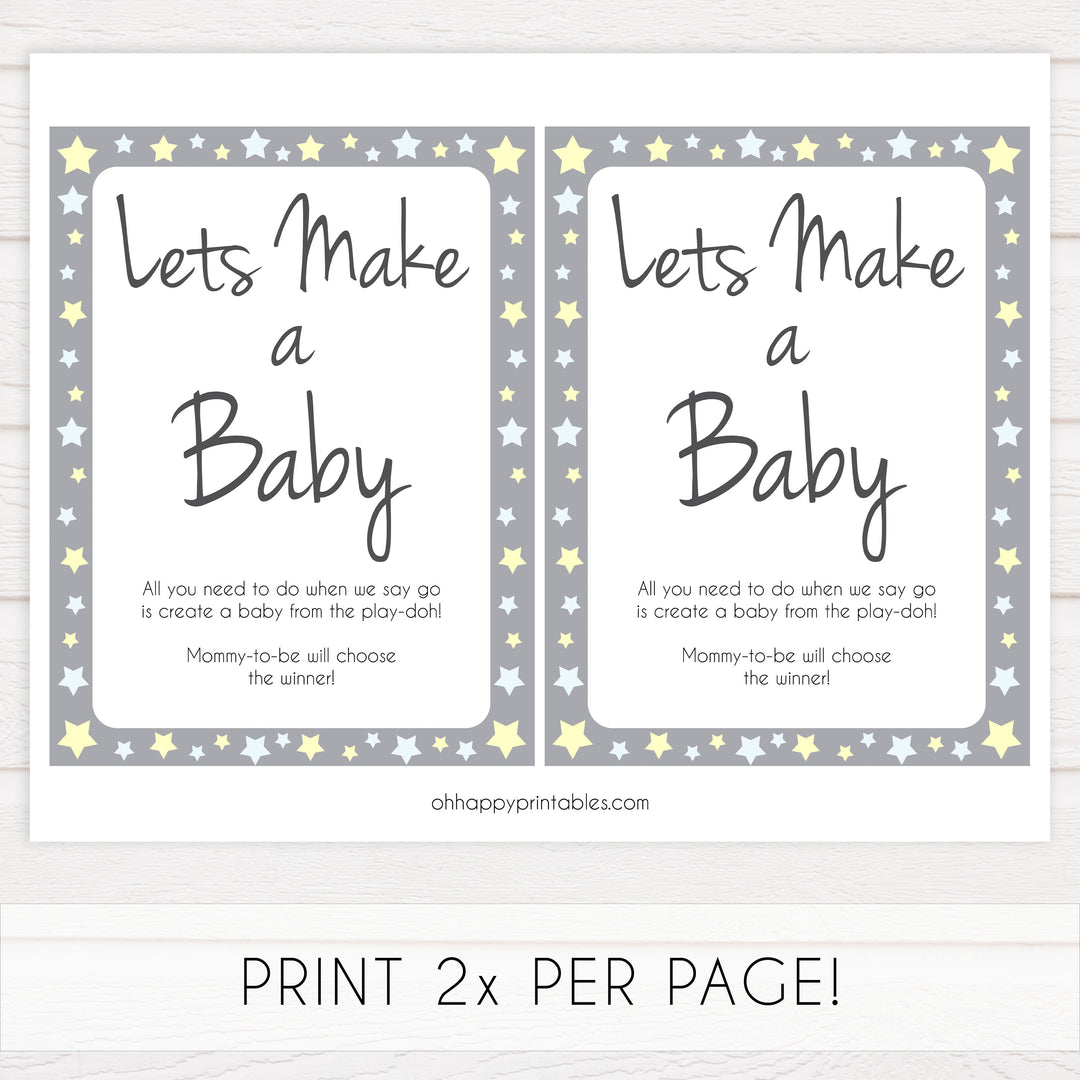 grey & yellow stars, lets make a baby, printable baby shower games, fun baby games, top baby shower games, star baby games, little star baby shower