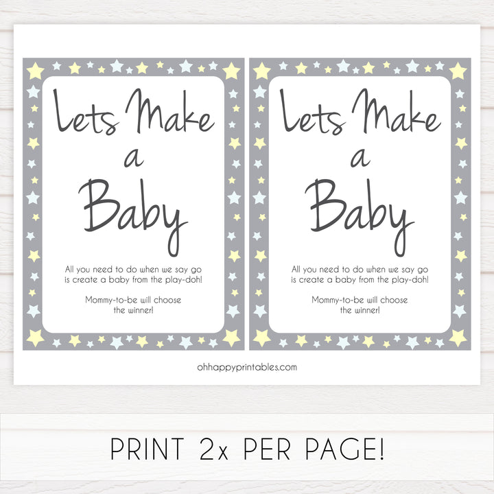 grey & yellow stars, lets make a baby, printable baby shower games, fun baby games, top baby shower games, star baby games, little star baby shower