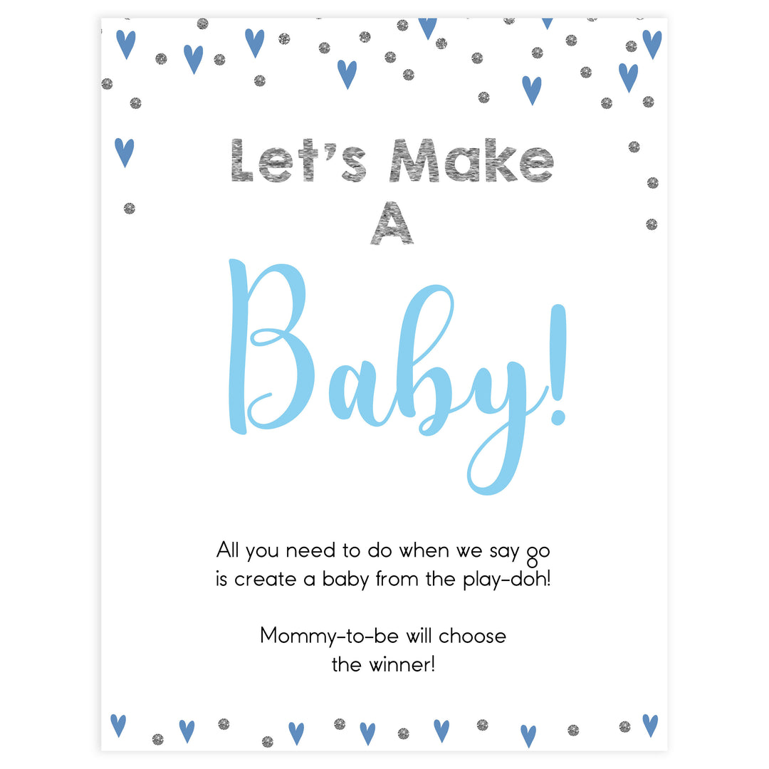 lets make a baby game, make a baby ply-doh game, Printable baby shower games, small blue hearts fun baby games, baby shower games, fun baby shower ideas, top baby shower ideas, silver baby shower, blue hearts baby shower ideas