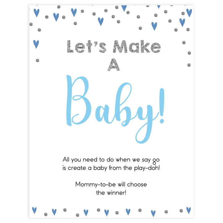 lets make a baby game, make a baby ply-doh game, Printable baby shower games, small blue hearts fun baby games, baby shower games, fun baby shower ideas, top baby shower ideas, silver baby shower, blue hearts baby shower ideas