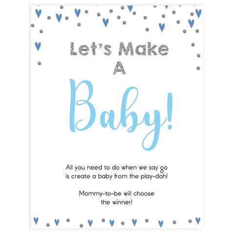 lets make a baby game, make a baby ply-doh game, Printable baby shower games, small blue hearts fun baby games, baby shower games, fun baby shower ideas, top baby shower ideas, silver baby shower, blue hearts baby shower ideas