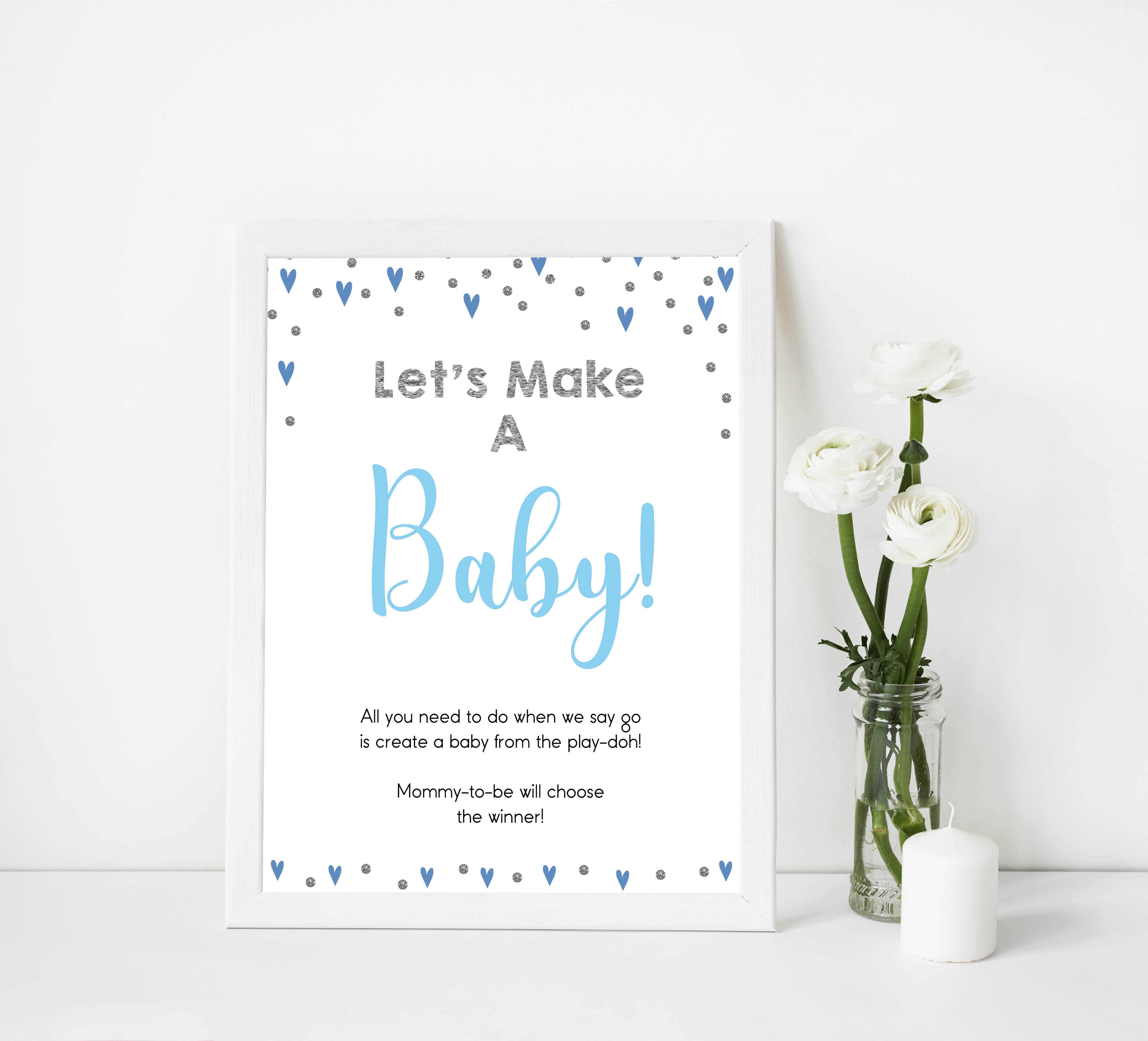 lets make a baby game, make a baby ply-doh game, Printable baby shower games, small blue hearts fun baby games, baby shower games, fun baby shower ideas, top baby shower ideas, silver baby shower, blue hearts baby shower ideas