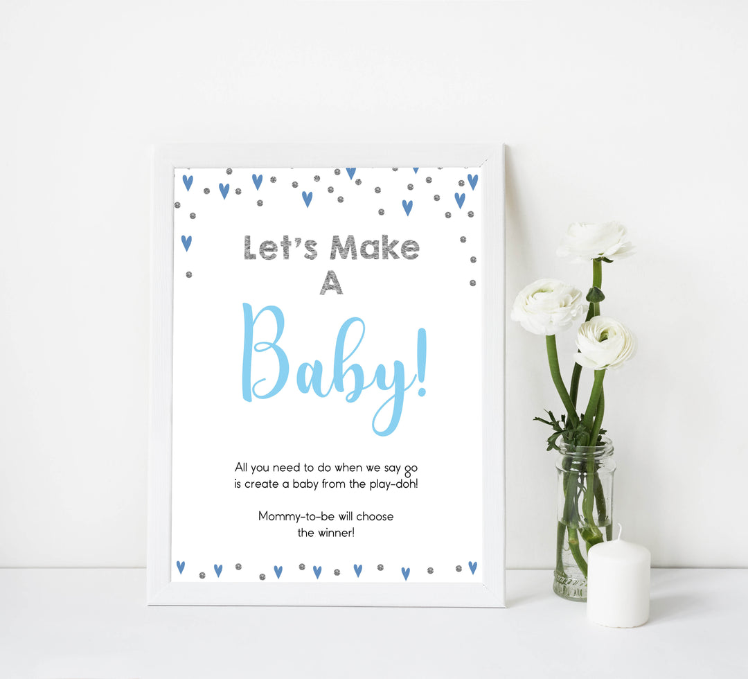 lets make a baby game, make a baby ply-doh game, Printable baby shower games, small blue hearts fun baby games, baby shower games, fun baby shower ideas, top baby shower ideas, silver baby shower, blue hearts baby shower ideas