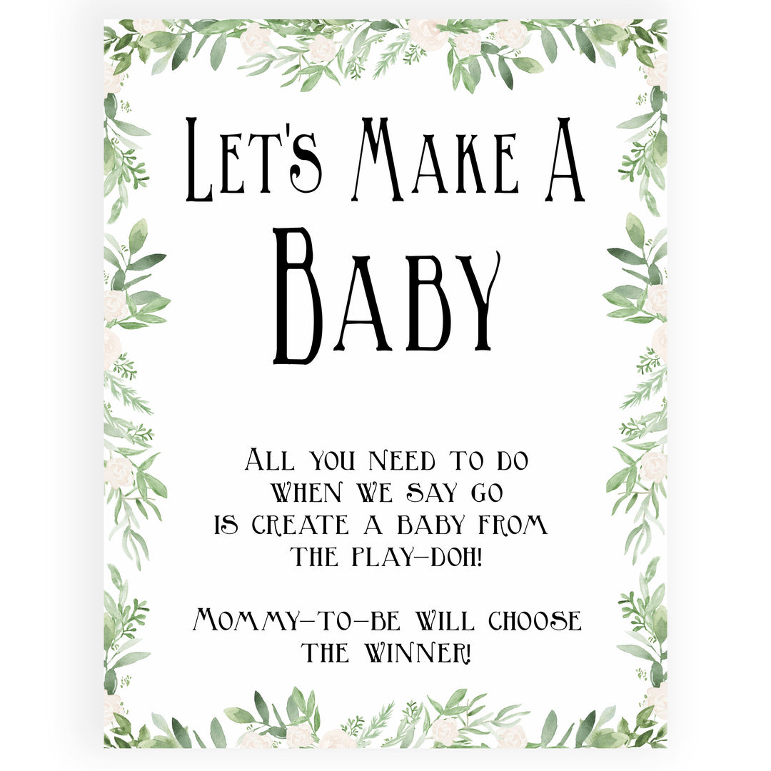 lets make a baby game, baby play doh game, Printable baby shower games, greenery baby shower games, fun floral baby games, botanical baby shower games,