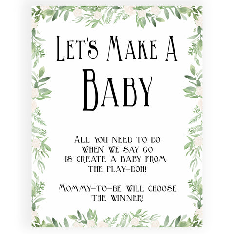 lets make a baby game, baby play doh game, Printable baby shower games, greenery baby shower games, fun floral baby games, botanical baby shower games,