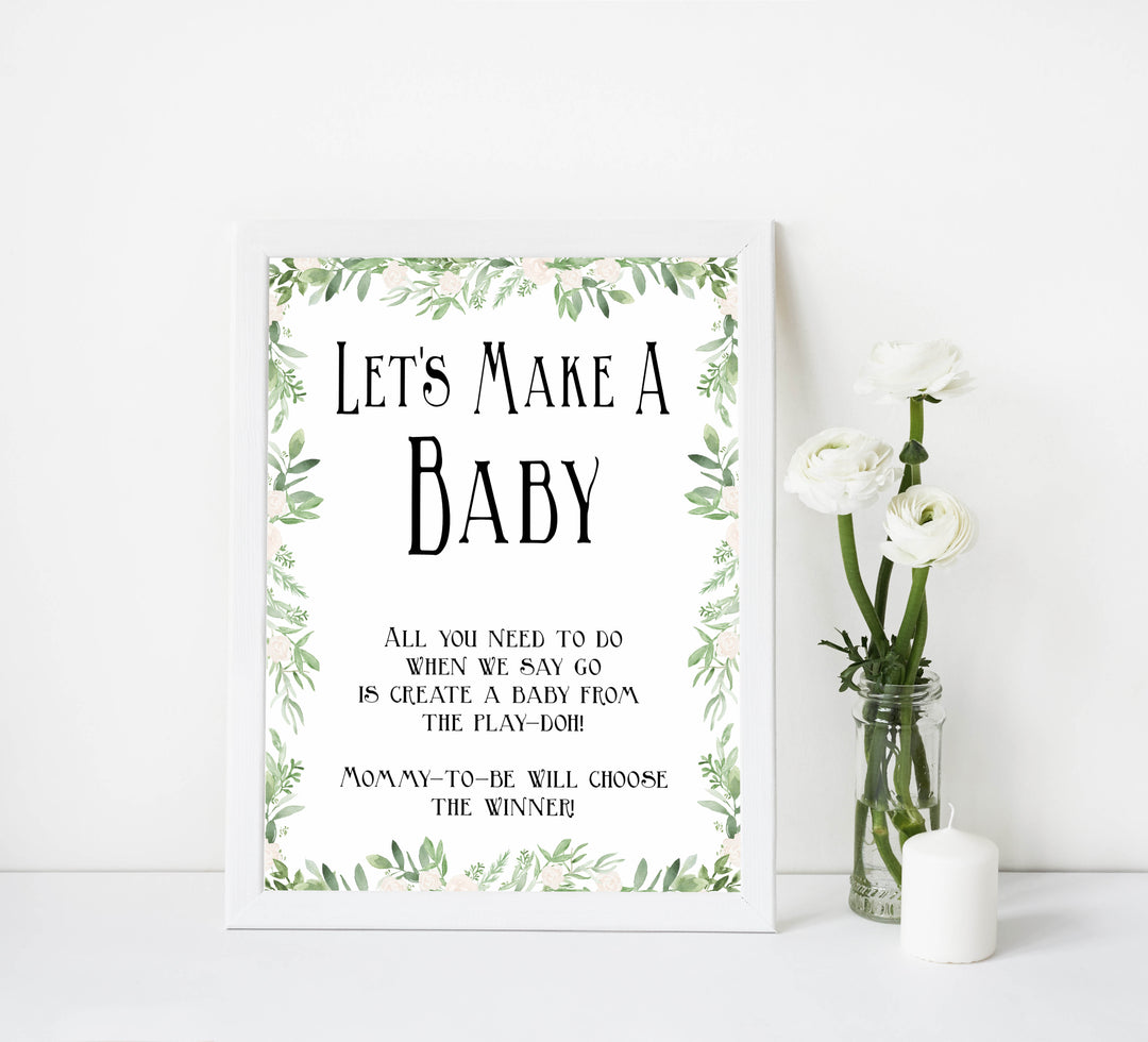 lets make a baby game, baby play doh game, Printable baby shower games, greenery baby shower games, fun floral baby games, botanical baby shower games,