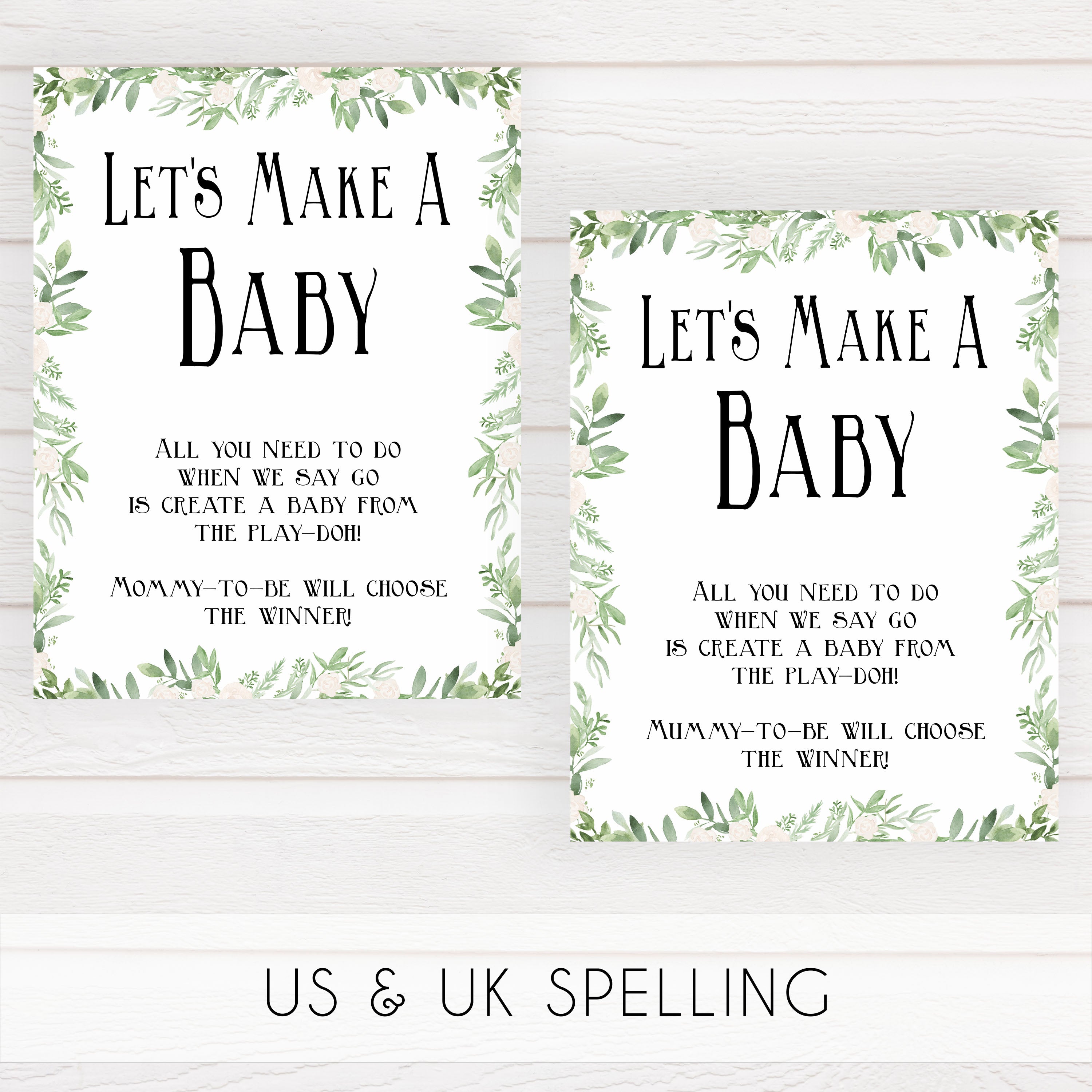 lets make a baby game, baby play doh game, Printable baby shower games, greenery baby shower games, fun floral baby games, botanical baby shower games,