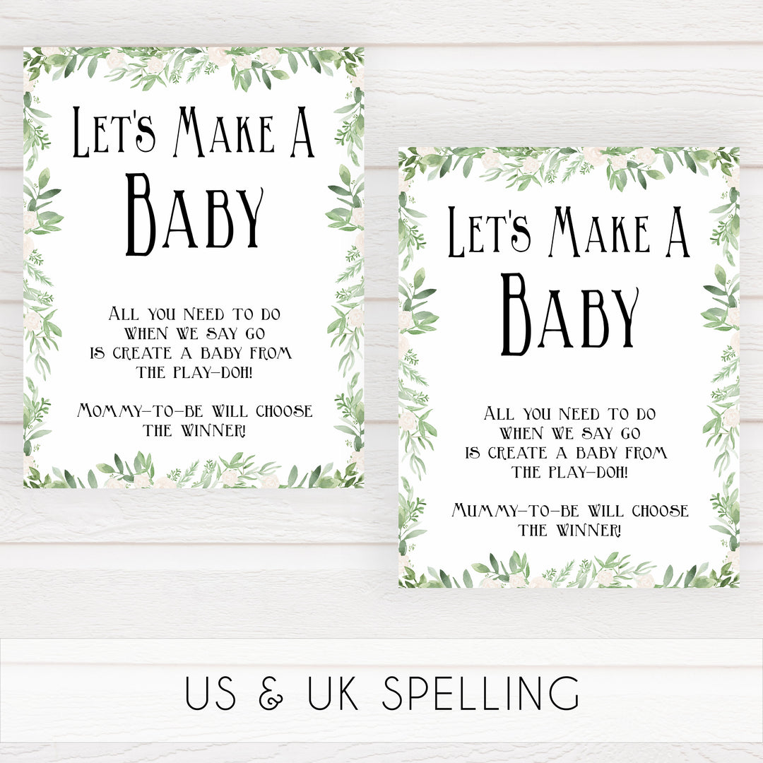 lets make a baby game, baby play doh game, Printable baby shower games, greenery baby shower games, fun floral baby games, botanical baby shower games,