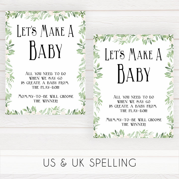 lets make a baby game, baby play doh game, Printable baby shower games, greenery baby shower games, fun floral baby games, botanical baby shower games,