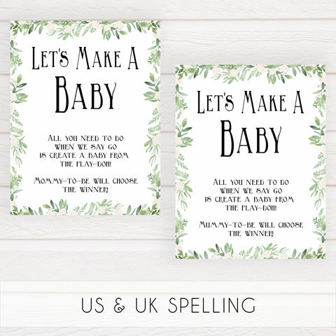 lets make a baby game, baby play doh game, Printable baby shower games, greenery baby shower games, fun floral baby games, botanical baby shower games,