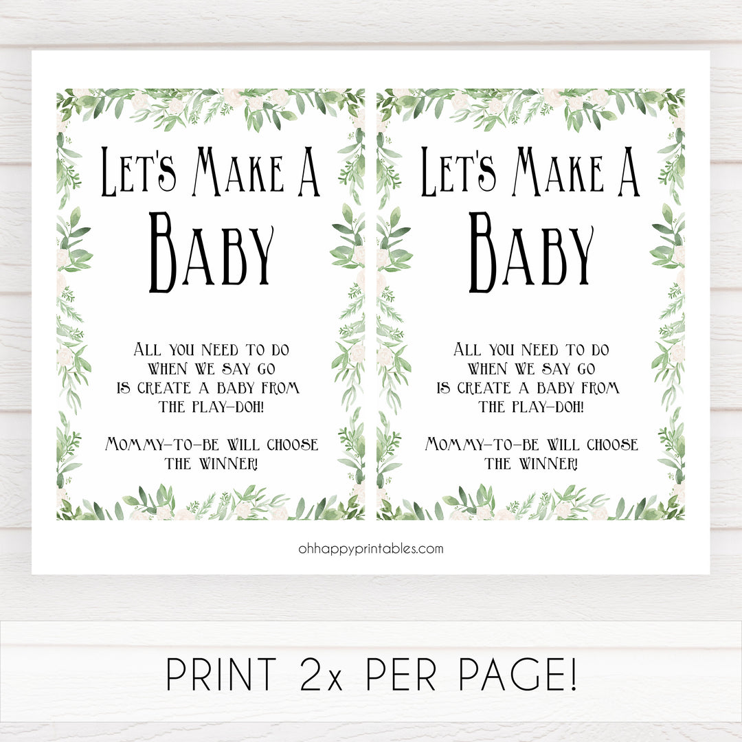 lets make a baby game, baby play doh game, Printable baby shower games, greenery baby shower games, fun floral baby games, botanical baby shower games,
