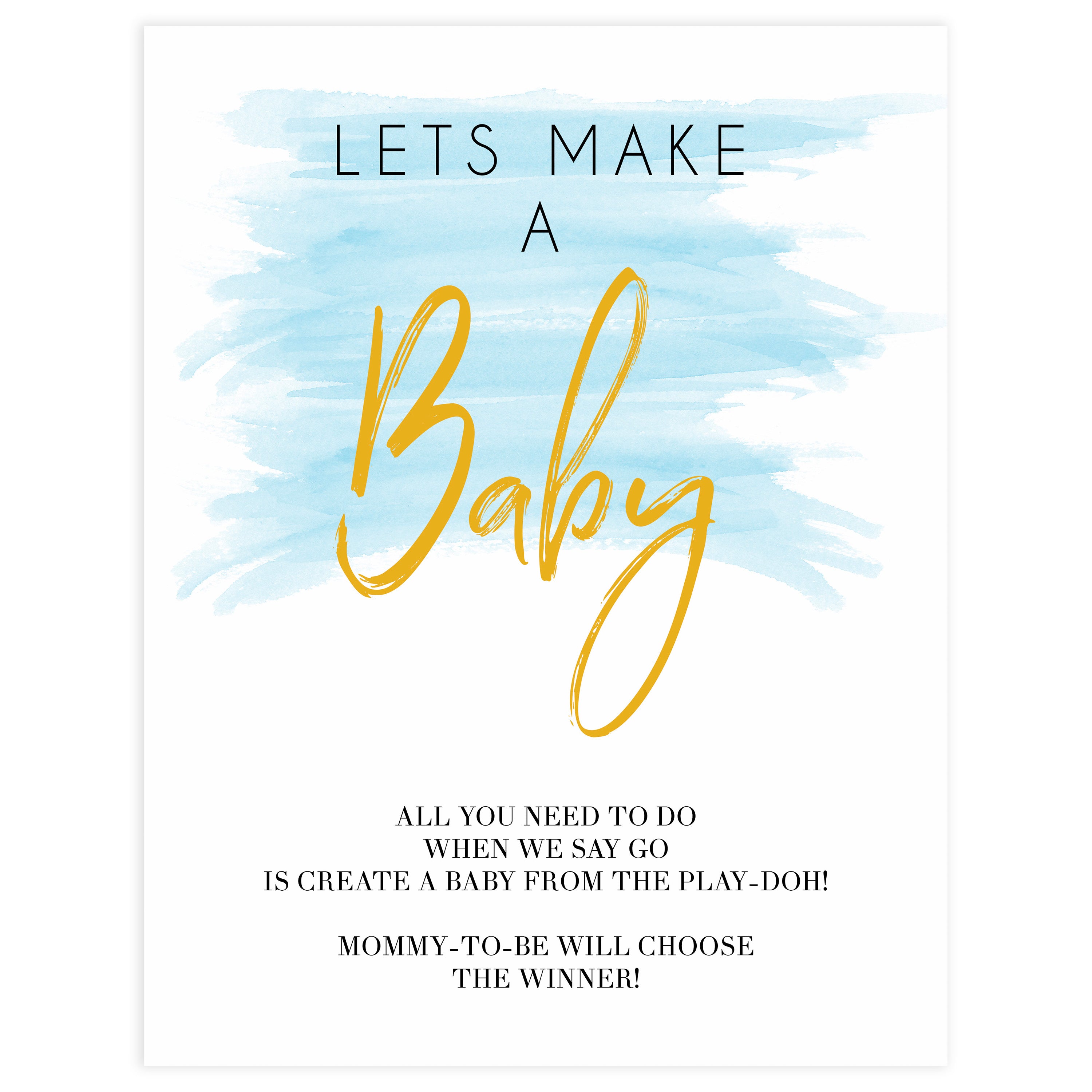 lets make a baby game, printable baby games, fun baby shower ideas, blue baby shower games, blue watercolor baby shower