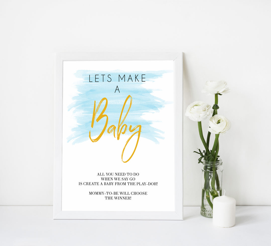 lets make a baby game, printable baby games, fun baby shower ideas, blue baby shower games, blue watercolor baby shower