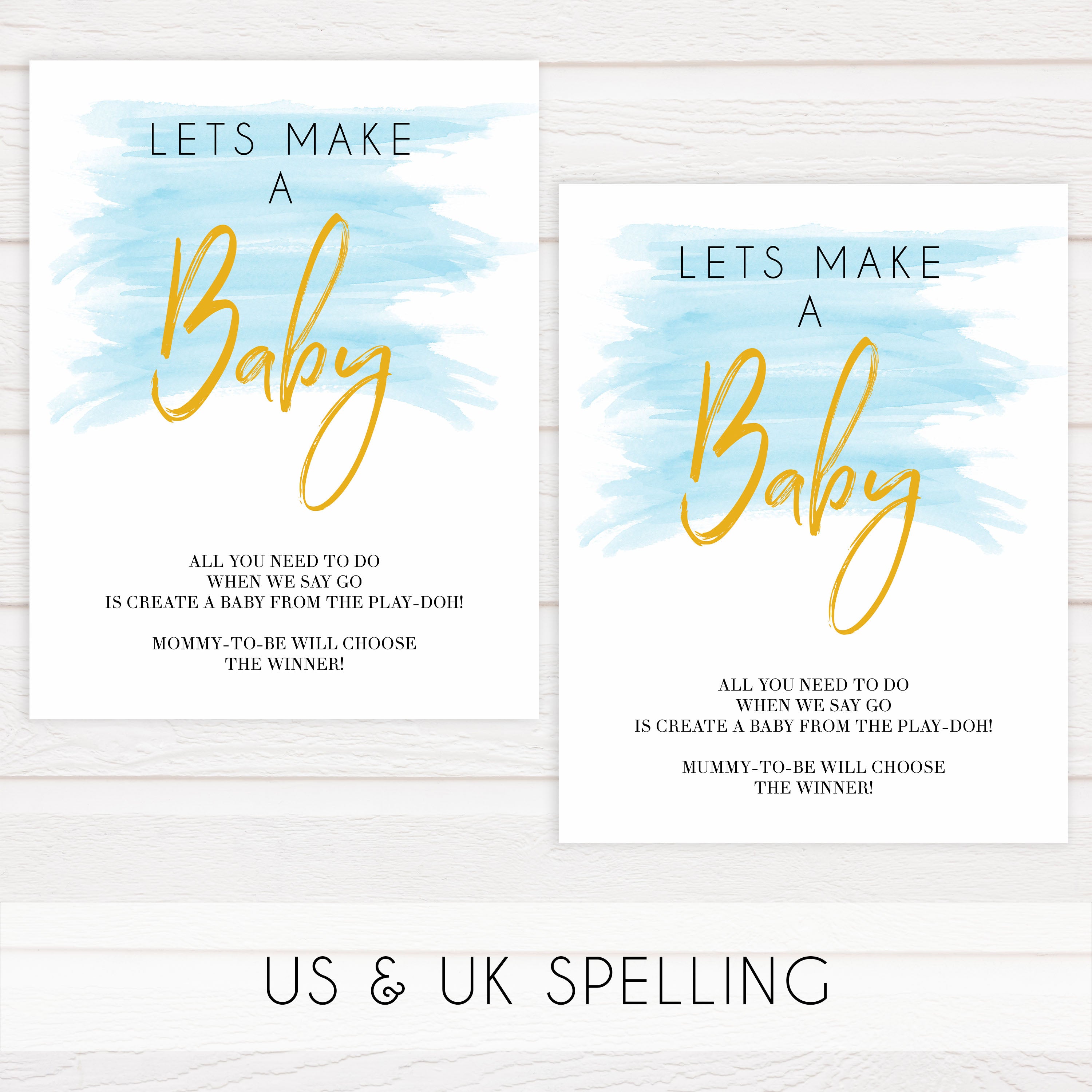 lets make a baby game, printable baby games, fun baby shower ideas, blue baby shower games, blue watercolor baby shower