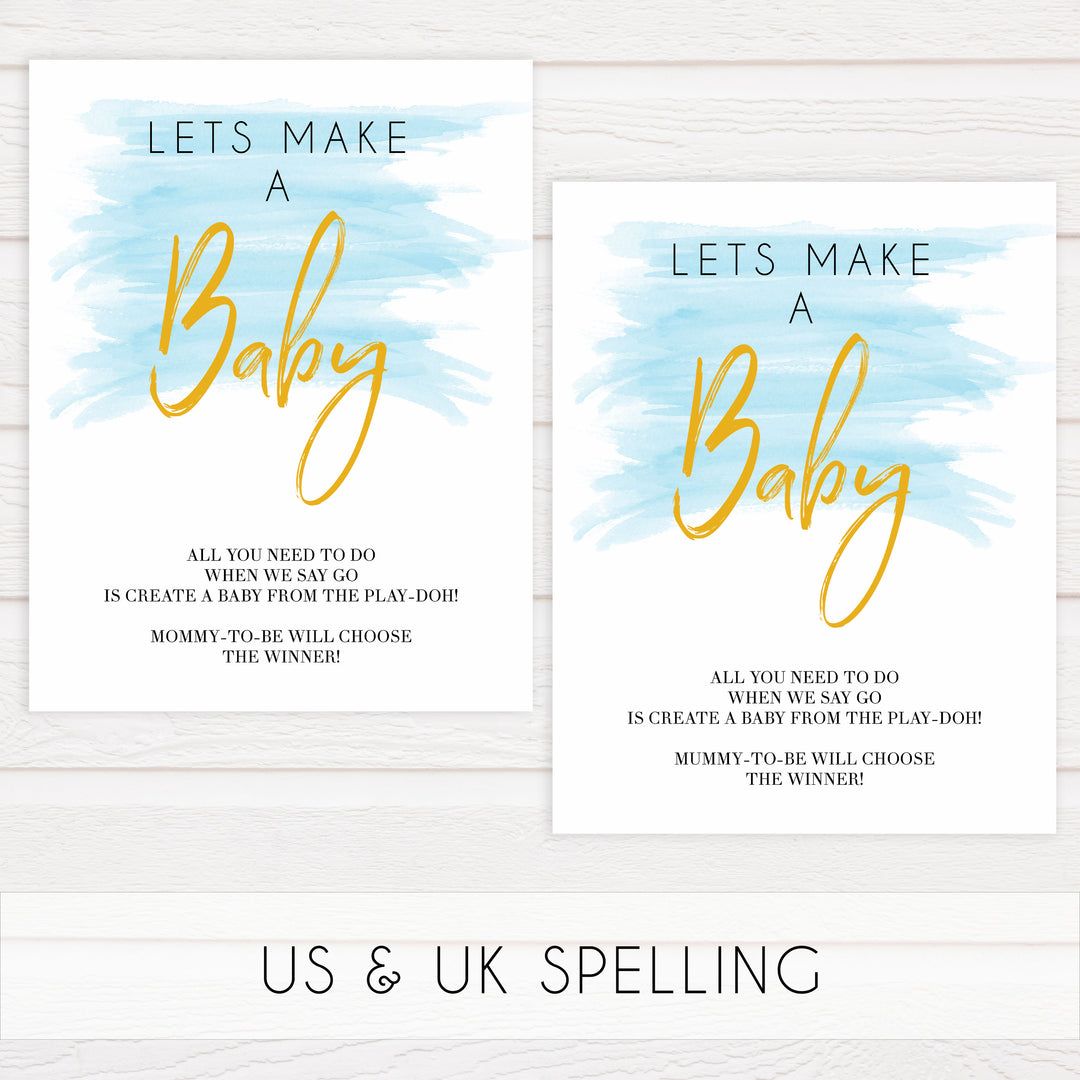 lets make a baby game, printable baby games, fun baby shower ideas, blue baby shower games, blue watercolor baby shower