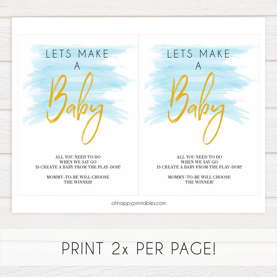 lets make a baby game, printable baby games, fun baby shower ideas, blue baby shower games, blue watercolor baby shower