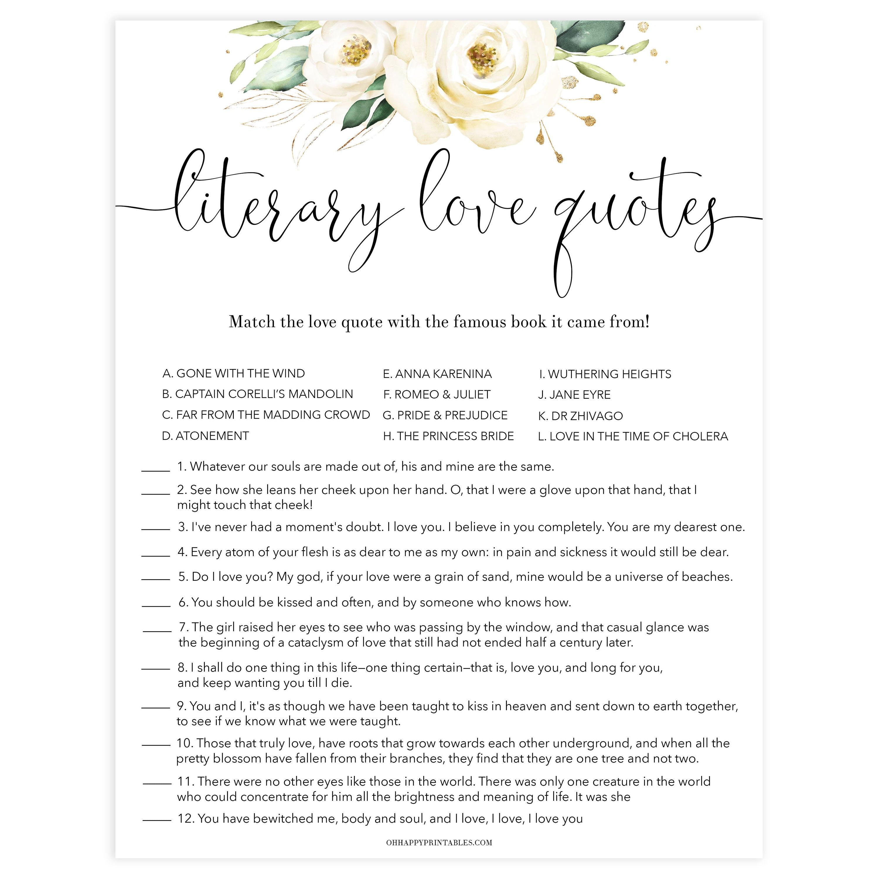 literary love quote game, Printable bridal shower games, floral bridal shower, floral bridal shower games, fun bridal shower games, bridal shower game ideas, floral bridal shower