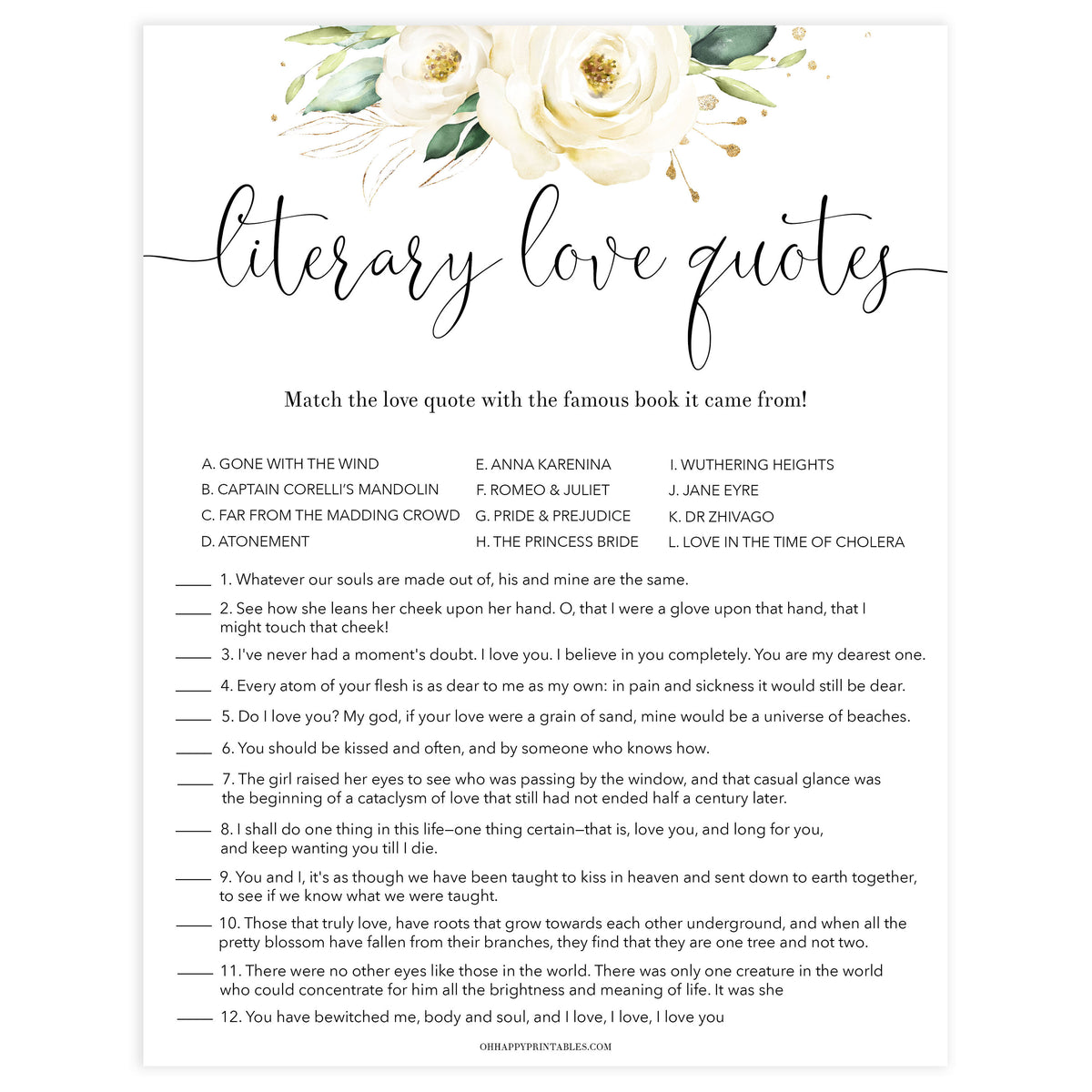 literary love quote game, Printable bridal shower games, floral bridal shower, floral bridal shower games, fun bridal shower games, bridal shower game ideas, floral bridal shower