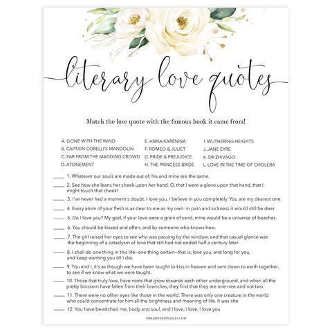 literary love quote game, Printable bridal shower games, floral bridal shower, floral bridal shower games, fun bridal shower games, bridal shower game ideas, floral bridal shower