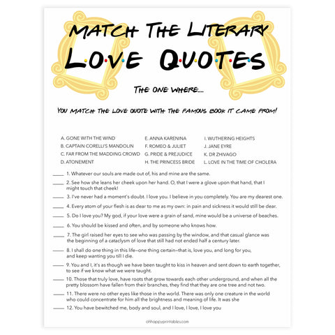 match the literary love quotes, Printable bridal shower games, friends bridal shower, friends bridal shower games, fun bridal shower games, bridal shower game ideas, friends bridal shower