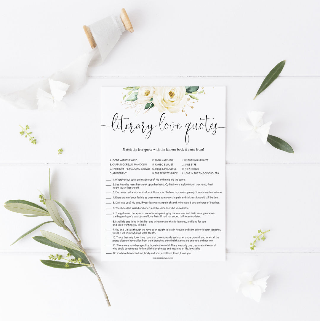 literary love quote game, Printable bridal shower games, floral bridal shower, floral bridal shower games, fun bridal shower games, bridal shower game ideas, floral bridal shower