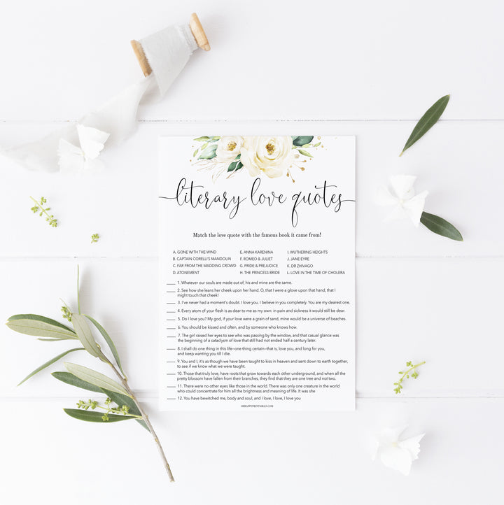 literary love quote game, Printable bridal shower games, floral bridal shower, floral bridal shower games, fun bridal shower games, bridal shower game ideas, floral bridal shower