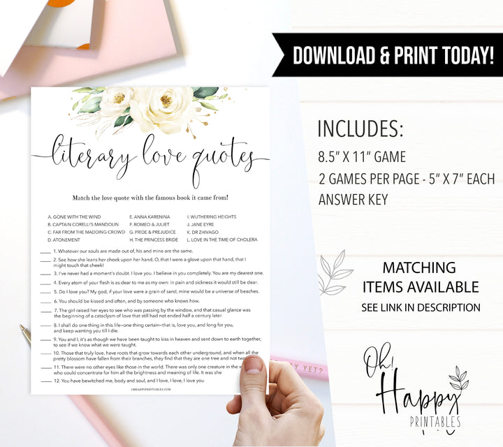literary love quote game, Printable bridal shower games, floral bridal shower, floral bridal shower games, fun bridal shower games, bridal shower game ideas, floral bridal shower